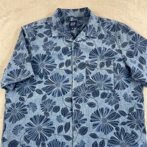 GAP Camp Shirt Men Large Blue Indigo Denim Floral Hawaii Loop Collar